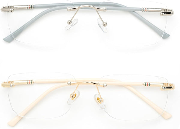 Eyewear Glasses Frameless Fashion, Gold Silver Non-Prescription Clear Lense Fake Glasses for Women and Men 2 Pack