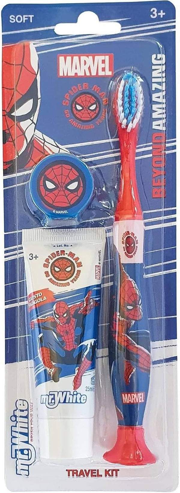 Marvel Spiderman Kids Toothbrush Travel Set – Includes Mint-Flavoured Toothpaste & Soft-Bristle Toothbrush with Suction Cup & Protective Cap | Travel-Friendly Oral Care Kit for Children Ages 3+