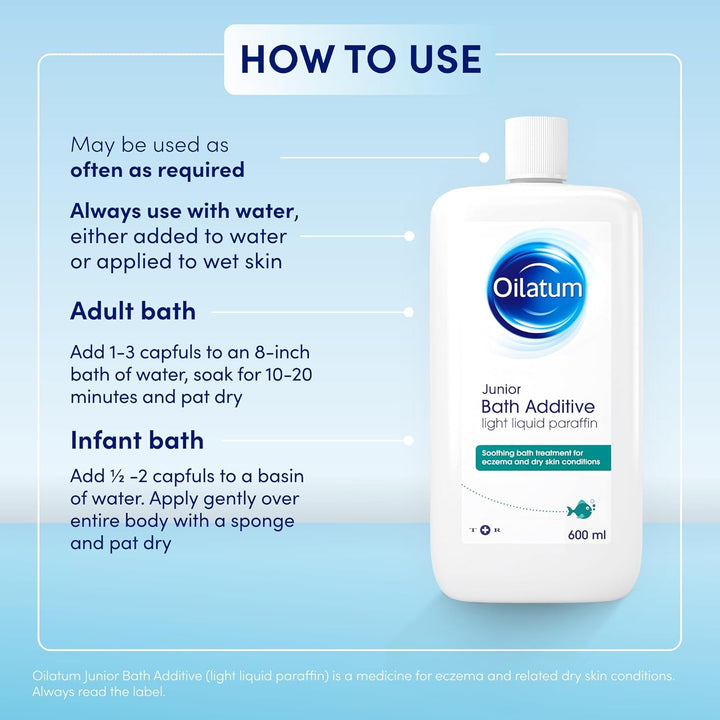 Junior, Treatment for Eczema & Dry Skin Conditions, Bath Additive, Protects Skin from Moisture Loss, Fragrance Free, Suitable for Babies & Children, 1 X 600Ml