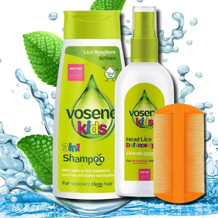 Vosene Head Lice Repellent Bundle – Kids 3-In-1 Head Lice Repellent Shampoo (250Ml), Leave-In Conditioning Repellent Spray (150Ml) & Nit Comb – Natural Lice Protection with Tea Tree & Citronella Oils