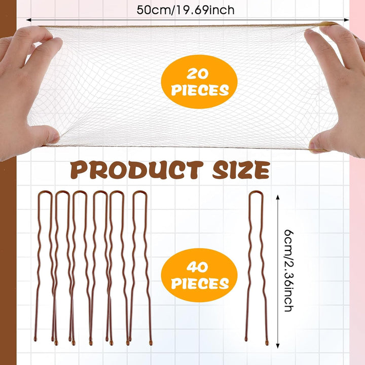 Hair Nets for Buns, Ballet Hair Net, 20 Pcs 50 Cm Individual Package Invisible Hair Nets and 40 Pcs U Shaped Hair Pins Set for Women, Girls, Ballet Dancer, Nurse(Brown)