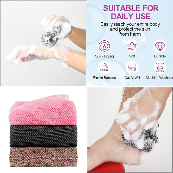 3Pcs African Sponge Bath, Exfoliating Net, Beauty Skin Wash Towel African Net Cloth Nylon Back Scrubbers Shower Body Cleaning Spa Massage Bath Towel Back Scrubber