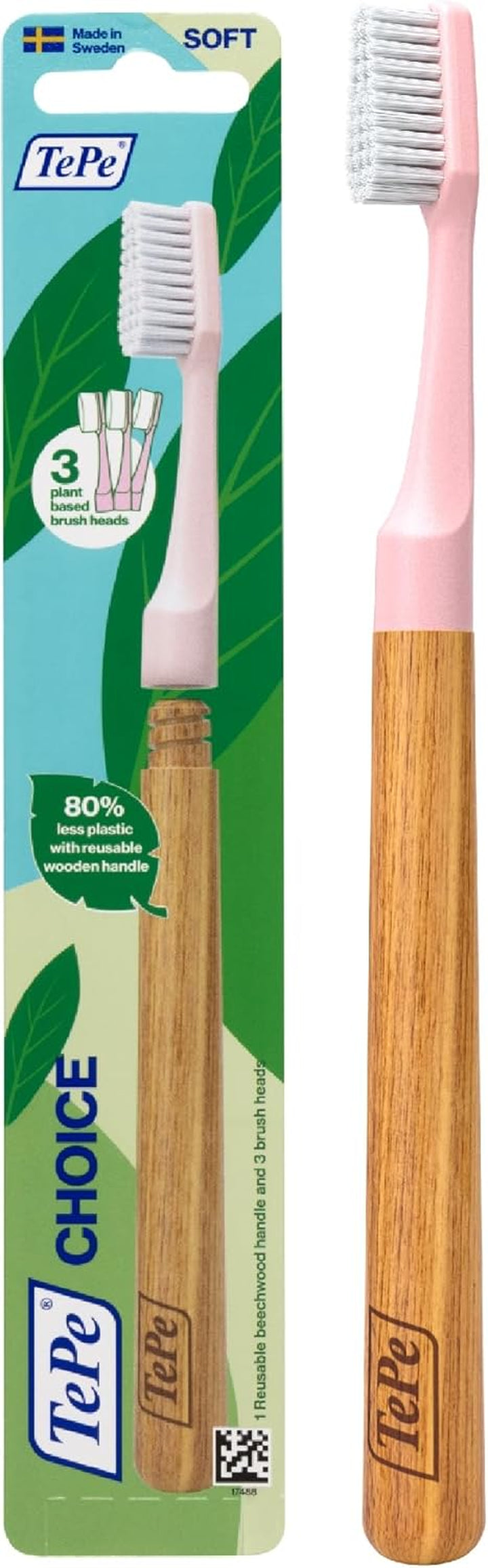 Choice Toothbrush, Soft, Green, 1Pc, Wooden Handle, 3Pcs Brush Heads, Soft Bristle Toothbrush, Good for Teeth Cleaning and Plaque Removal