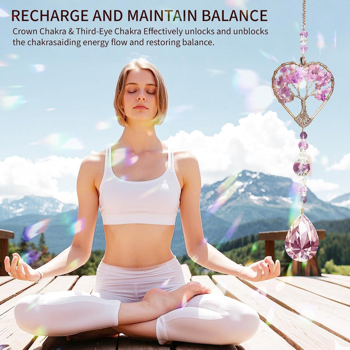 Tree of Life Amethyst Sun Catchers – Natural Chakra Healing Crystal Window Decor, Spiritual Gift for Women & Girls, Rainbow Maker with Quartz Gemstone Pendant, Unique Home & Garden Ornamen