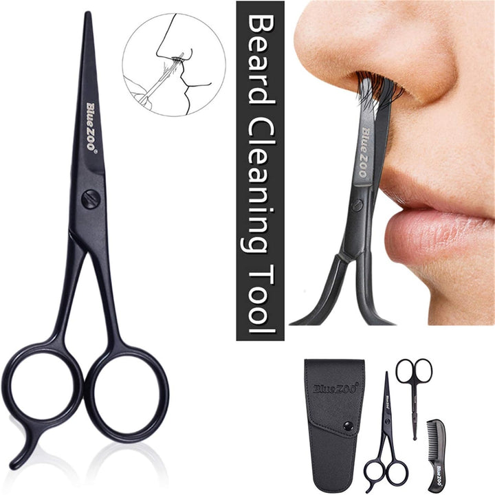 Beard Scissors/Nose Scissors/Mustache Comb Multi Functions Grooming Kit Gift Set Beard Trim Scissor Kit Trimming Nasal Hair for Men with Storage Bag (Black)