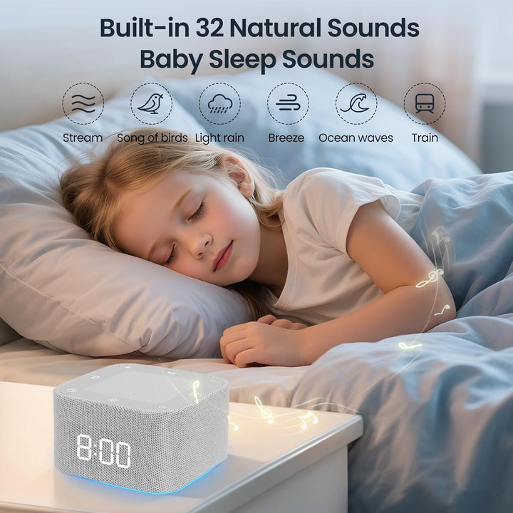 White Noise Machine, Sound Machine for Baby Adults, 32 Natural Sounds & 7 Colour Night Light & 6 Wake-Up Tones, Adjustable Volume, Timer, Sleep Aid for Baby Adults, Ideal for Sleep Relaxation Focus