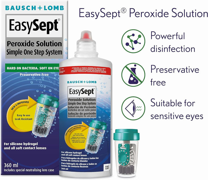 Peroxide Solution, 360Ml - Contact Lens Solution with a Simple One Step System for Disinfection of Soft Contact Lenses, Lens Case with Neutralising Disc Included, Suitable for Sensitive Eyes