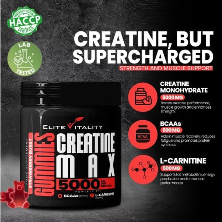 Creatine Monohydrate Gummies 5000Mg + Bcaas & L-Carnitine – Vegan, Sugar-Free, Pre Workout Muscle Recovery Supplement for Men & Women – 90 Gummies – Strawberry Burst – Gym & Fitness Support