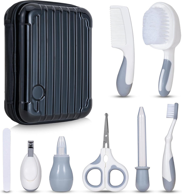 Little Angel Baby Healthcare and Grooming Kit, Safety Newborn Nursery Care Set, with Hair Brush Comb, Nail Clipper, Nasal Aspirator for Newborn Infant Baby Girls Boys White Gray