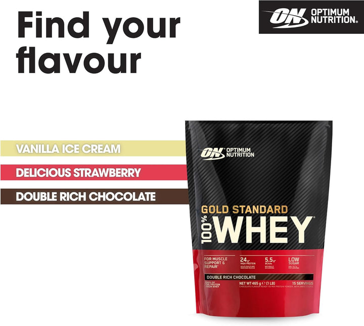 Gold Standard 100% Whey Muscle Building and Recovery Protein Powder with Naturally Occurring Glutamine and BCAA Amino Acids, Double Rich Chocolate Flavour, 15 Servings, 465 G