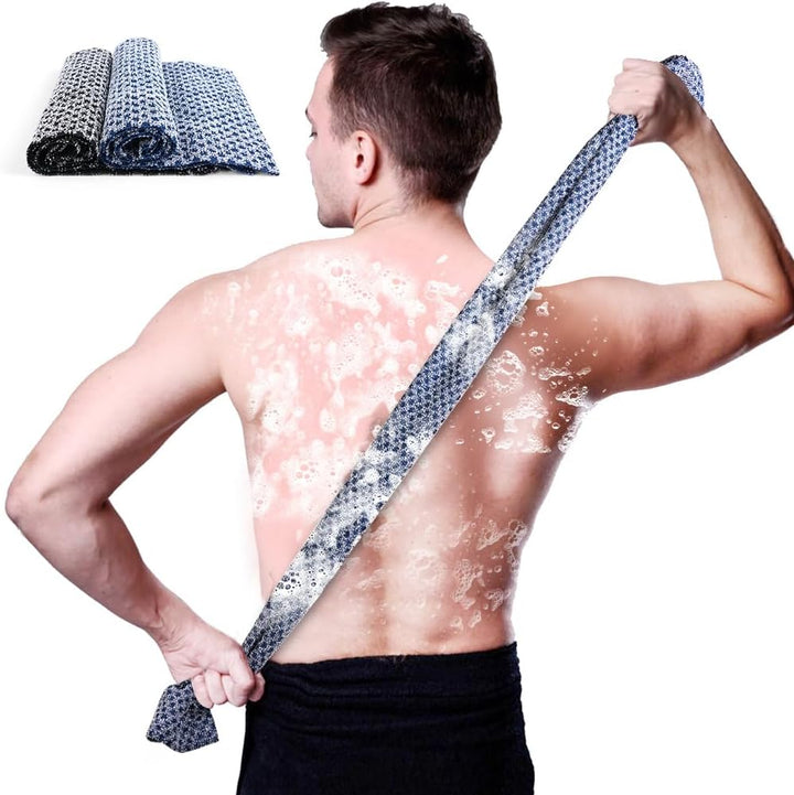 2 Pcs Long Exfoliating Washcloth, Extra Long Exfoliating Body Towel, Deep Exfoliating Towel Natural Body Exfoliator Bath Scrub Loofah, Cleaning Dirt and Dead Skin for Men Women (Black+Blue Grid)