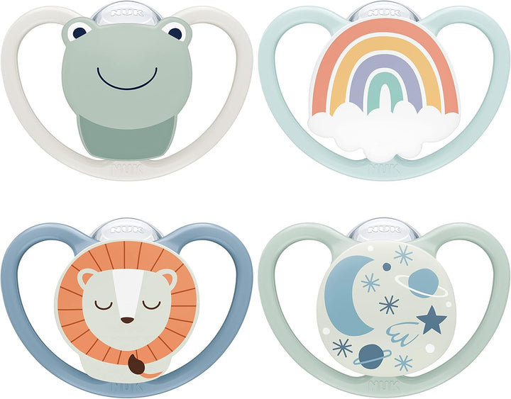 Space Day & Night Baby Dummy | 18-36 Months | Glow-In-The-Dark Soothers with Extra Ventilation for Sensitive Skin | Bpa-Free Silicone | Zebra & Lion | 4 Count