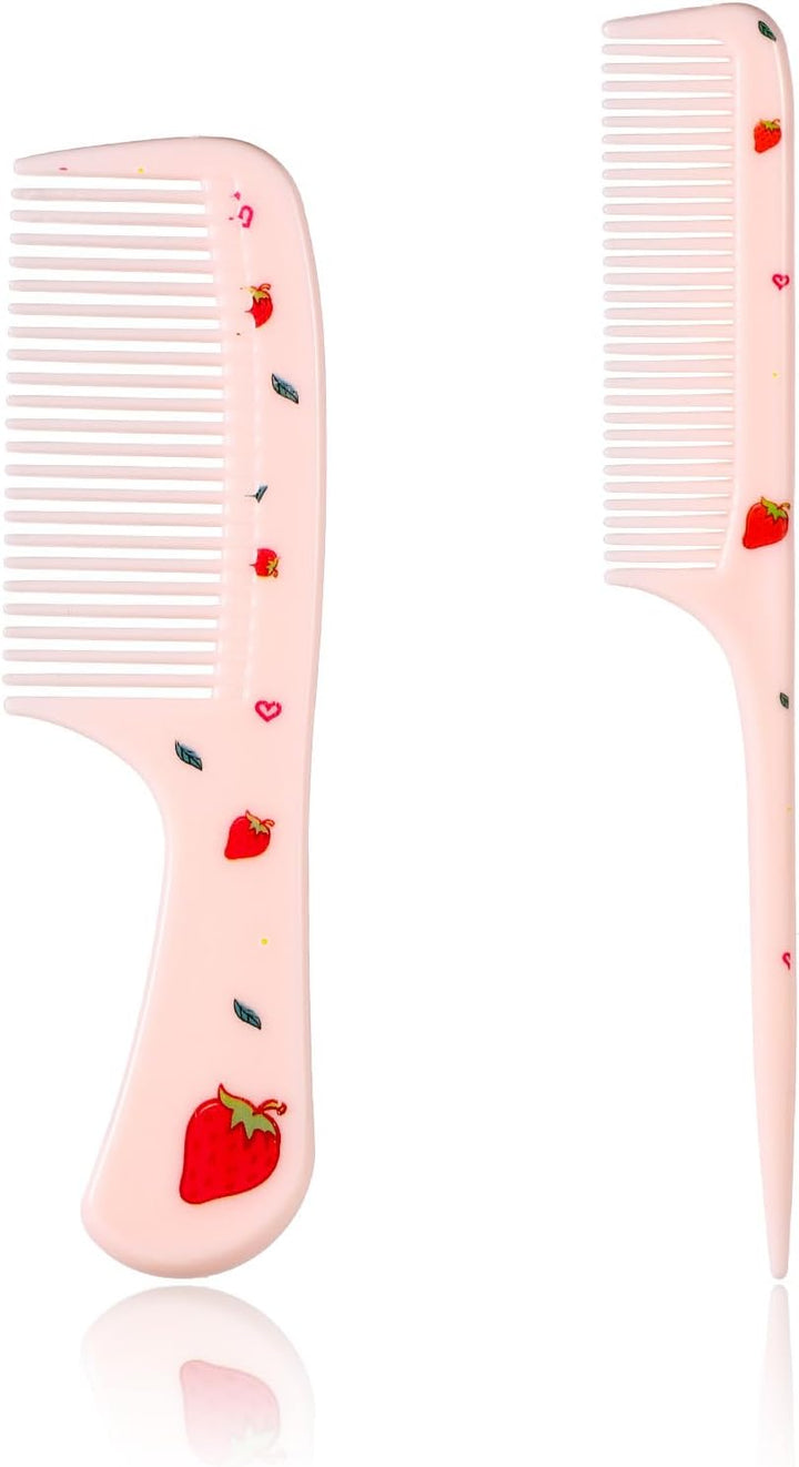 2Pcs Cute Hair Comb Set, Pink Strawberry Baby Comb Fine Tooth Comb & Rat Tail Comb Toddler Tiny Hair Brush Small Girls Comb Plastic Mini Comb Hair Parting Comb for Women Girls Kids All Hair Types