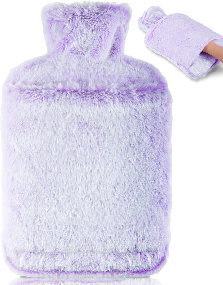 Hot Water Bottle with Luxury Cosy Faux Fur Cover,2L Leakproof Large Hot Water Bag for Neck,Shoulder,Hand Feet Warmer,Gifts for Women,Men(Grey)