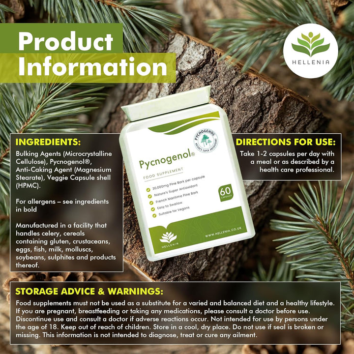 Pycnogenol® French Maritime Pine Bark Extract - 60 Capsules | Providing Naturally Powerful Bioflavonoids | High Bioavailability Pycnogenol | Suitable for Vegans - Made in the UK by