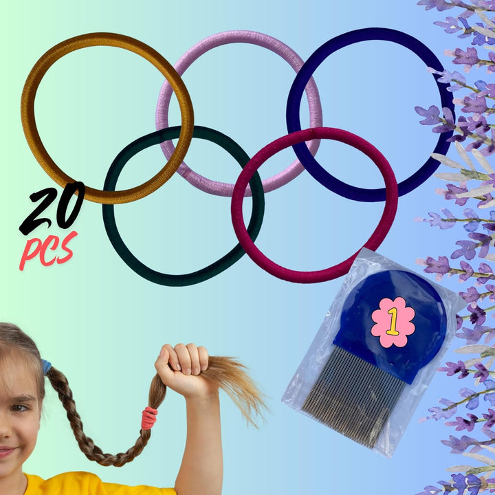 Hair Bobbles against Lice + Nit Comb | Pack of 20 with Zip Pocket | 100% Natural with Essential Oils | Helps Prevent Lice Naturally