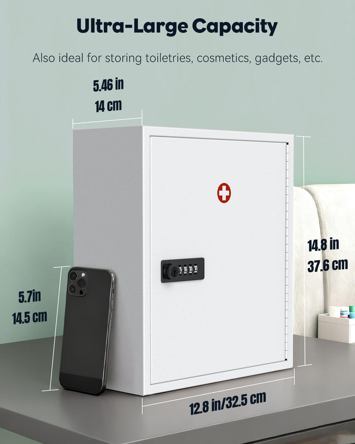 Wall Mount Medicine Cabinet with Combination & Key Lock Locking First Aid Cabinet Lockable Medical Large Capacity Medicine Organizer Secure Steel Wall Metal Storage Box, White