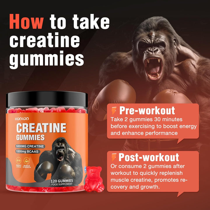 Creatine Gummies 5000Mg Creatine Monohydrate with 1000Mg Bcaas per Serving (2 Month Supply) for Men & Women, Vegan & Sugar-Free, Easy Pre/Post Workout Gym Support for Performance and Muscle Power