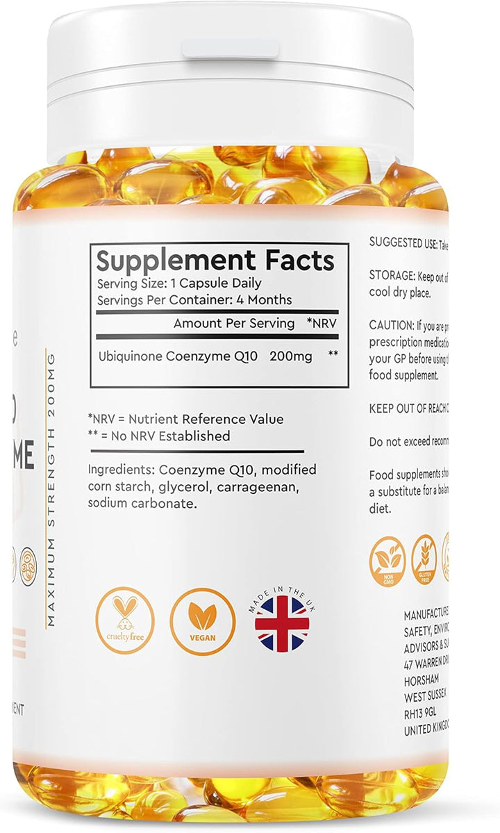 Coq10 200Mg - 120 Vegan Softgels (4 Month Supply) - Easy to Swallow - Vegan Ubiquinone Coenzyme Q10 - High Strength Coq10 Supplement for All Diets