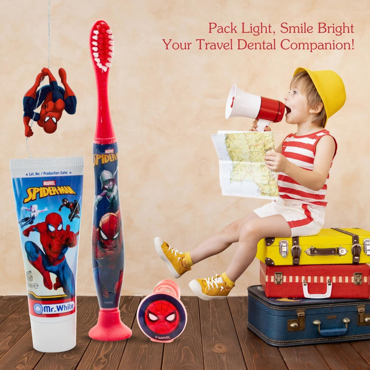 Marvel Spiderman Kids Toothbrush Travel Set – Includes Mint-Flavoured Toothpaste & Soft-Bristle Toothbrush with Suction Cup & Protective Cap | Travel-Friendly Oral Care Kit for Children Ages 3+