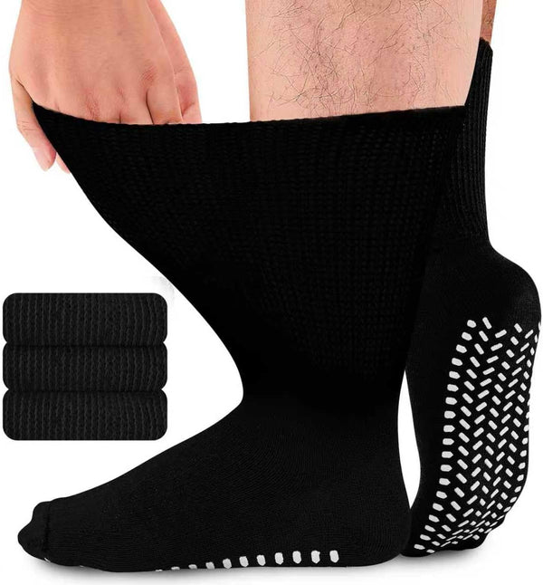 Diabetic Girp Socks for Men Women, 3 Pairs Non Slip Soft Extra Wide Top Sock for Swollen Feet Ankle Leg, 90% Cotton Hospital Breathable Slipper Socks