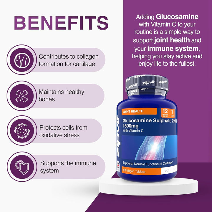 High Strength Glucosamine Sulphate 2Kcl 1500Mg with Vitamin C, 12 Month Supply, Supports Bones and Cartilage Function, 360 Vegan Tablets, Joint Care Supplement for Men & Women