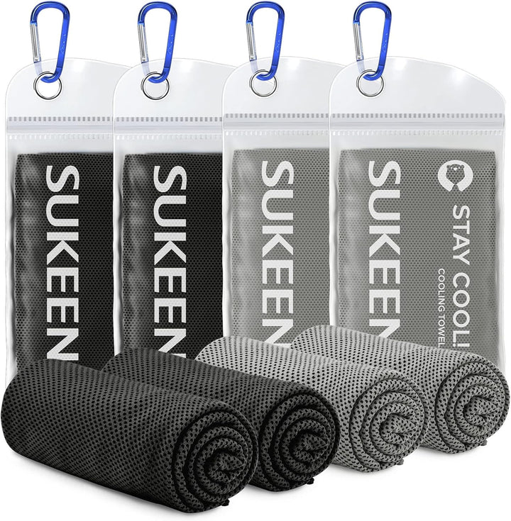 Cooling Towel 4 Pack - Stay Cool Ice Towels for Neck, Gym Use - Men and Women (2 Grey, 2 Black)