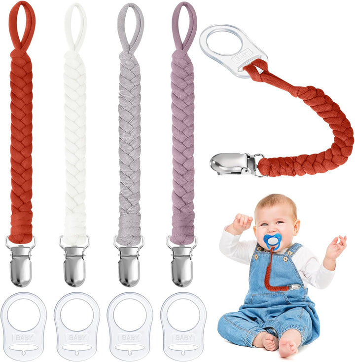 Dummy Clips Baby Pacifier Chain, 4 Pcs Baby Dummy Pacifier Chain with 4Pcs Clip Adapter, Silicone Ring Adapter, Soother Chain Holder Straps Teething Clips for Baby Teething Toys
