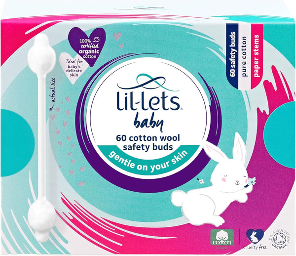Baby Wool Safety Buds, 1 X Pack of 60, Certified Organic, 100% Pure Wool Tips, Durable Paper Stems, Plastic Free Cotton Buds, Dermatologically Tested.
