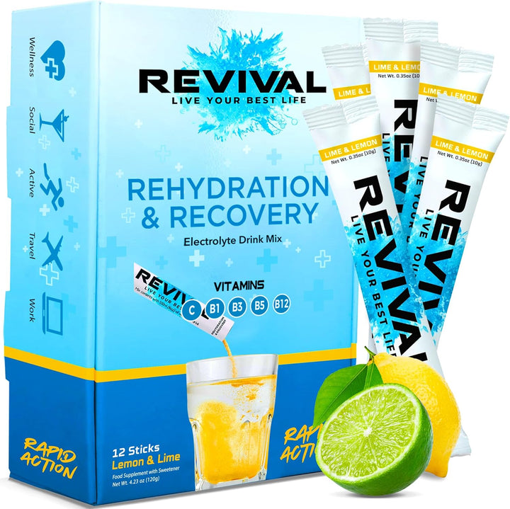 Revival Rapid Rehydration Electrolytes Powder - High Strength Vitamin C, B1, B3, B5, B12 Supplement Sachet Drink, Effervescent Electrolyte Hydration Tablets - 12 Pack Assorted Flavours