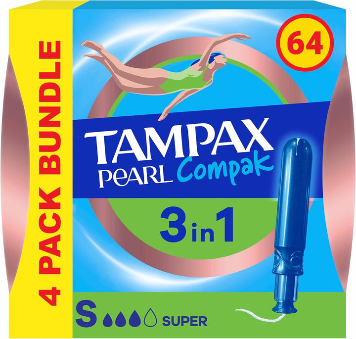 Compak Pearl Tampons, Super with Applicator, 64 Tampons (16 X 4 Packs), Leak Protection and Discretion