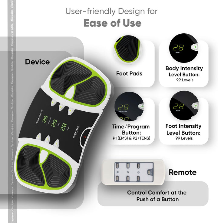 Circulator - Foot Circulation Machine with 99 Intensity Levels - EMS & TENS Foot Massager with Travel Bag, Remote Control & Electrode Pads - Easy to Use, Lightweight & Modern Design