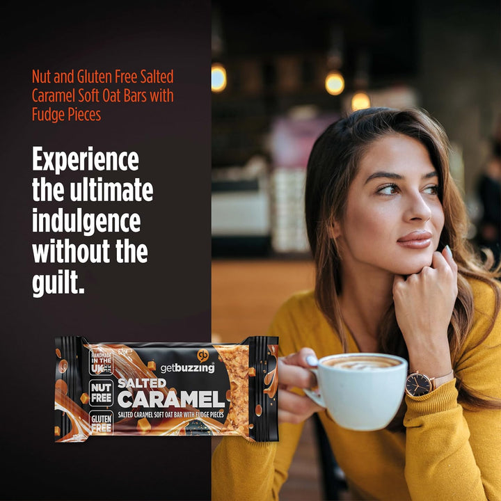 Getbuzzing Nut Free Oat Flapjack Healthy Snack & Energy Bars - Running,Gym, Cycling - Breakfast Snack - Made in the UK - Salted Caramel Pack of 20 X 62G Bars