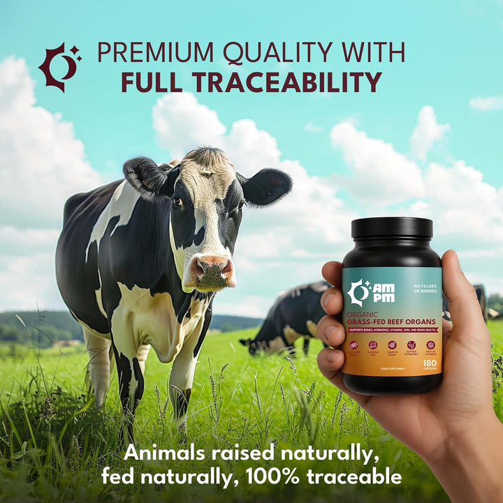 Organic Grass-Fed Beef Organs Proprietary Blend of Liver, Heart, Kidney, Pancreas, Spleen, Freeze-Dried Beef 180 Capsules, No Fillers or Binders