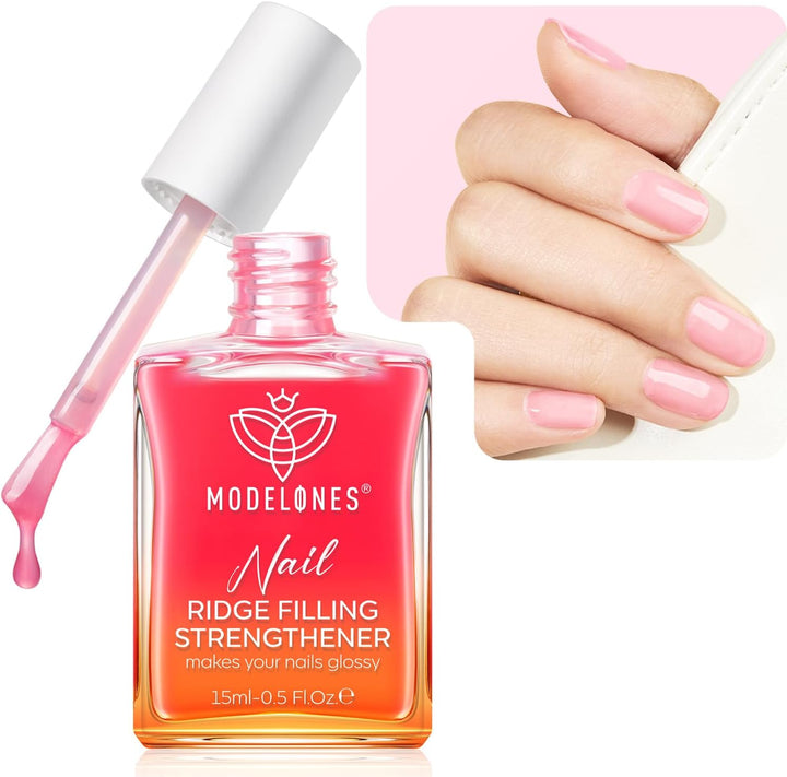 Nail Care 8 in One Ridge Filling Strengthener Treatment, Nail Polish Strengthener for Damaged and Weak Nails, Nail Hardener Extra Strong and Growth Smoothing Base Coat Clear Varnish 15Ml
