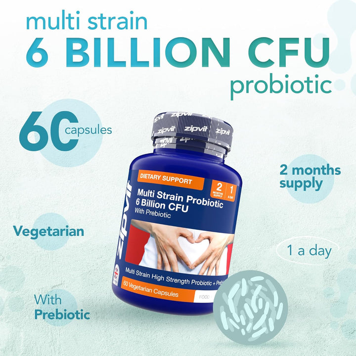Probiotic 6 Billion CFU with Prebiotic, Multi Strain Probiotics with 5 Strains Including Lactobacillus Acidophilus, 60 Vegetarian Capsules for Women & Men, 2 Month Supply