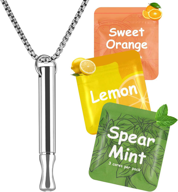 Breathing Necklace with Resistance, Breathe Free Necklace to Replace Unhelpful Habits & Mindful Relaxation, Portable Breathing Necklace with 3 Flavoured Filters (Mint, Lemon, Orange) for Calm & Focus
