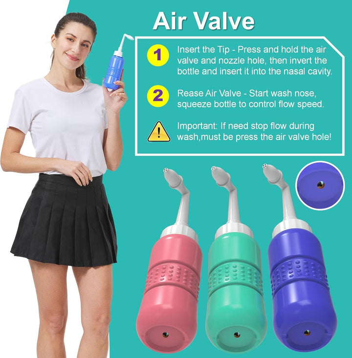 Travel Sinus Rinse Kit +5 Nasal Wash Salt Packets Neti Pot with 2 Soft Nozzle Nasal Rinse Mix Nose Wash Bottle 300Ml + Nasal Sprayer with Nasal Rinse Mix +Bag BPA Free,Blue