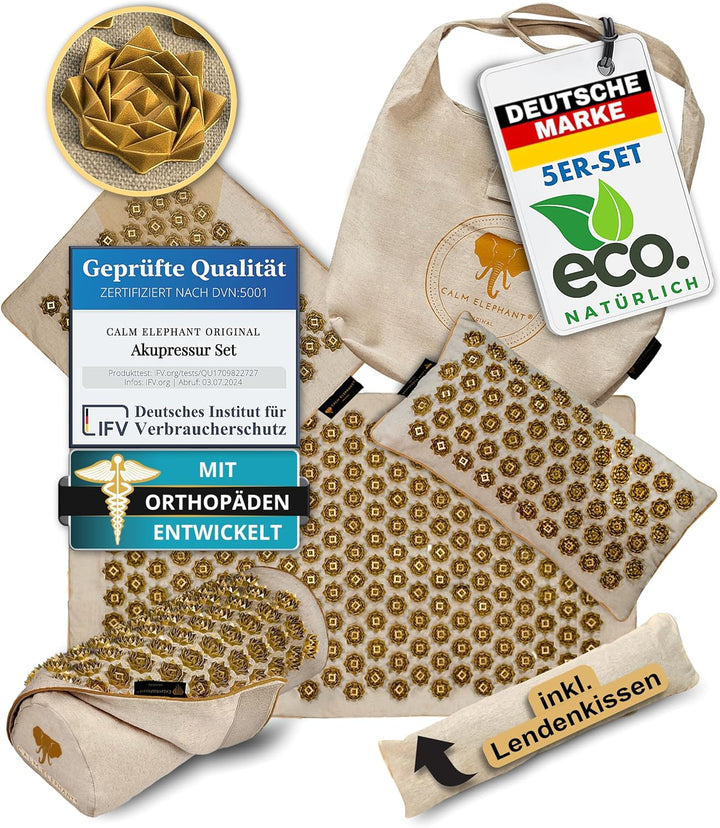 Genuine XXL Acupressure Mat 5-Piece Set with Ergonomic Pillow, Lumbar Pillow, Foot Mat, Bag – Relieves Back, Neck & Shoulders, Reduces Stress, Meditation - Beige