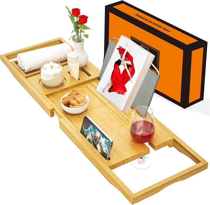 Bath Caddy Tray Expandable - Bath Trays for across the Bath - Bamboo Wooden, Fits Most Bath Tubs