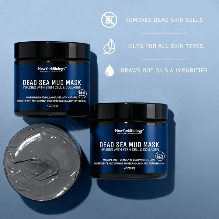 New York Biology Dead Sea Mud Mask for Face and Body with Stem Cell and Collagen - Spa Quality Pore Reducer for Acne, Blackheads and Oily Skin, Natural Skincare for Women, Men - Tightens Skin - 113 G