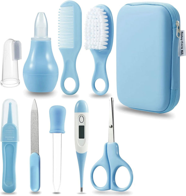 Baby Healthcare and Grooming Kit, Baby Safety Set Baby Comb, Brush, Finger Toothbrush, Nail Clippers, Scissors, Nasal Aspirator, Baby Essentials Nursery Care Kit (Blue)