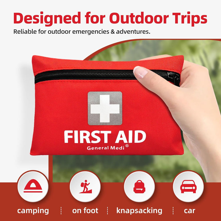 Mini First Aid Kit, 92 Pieces Small First Aid Kit - Includes Emergency Foil Blanket, Scissors for Travel, Home, Office, Vehicle, Camping, Workplace & Outdoor (Red)