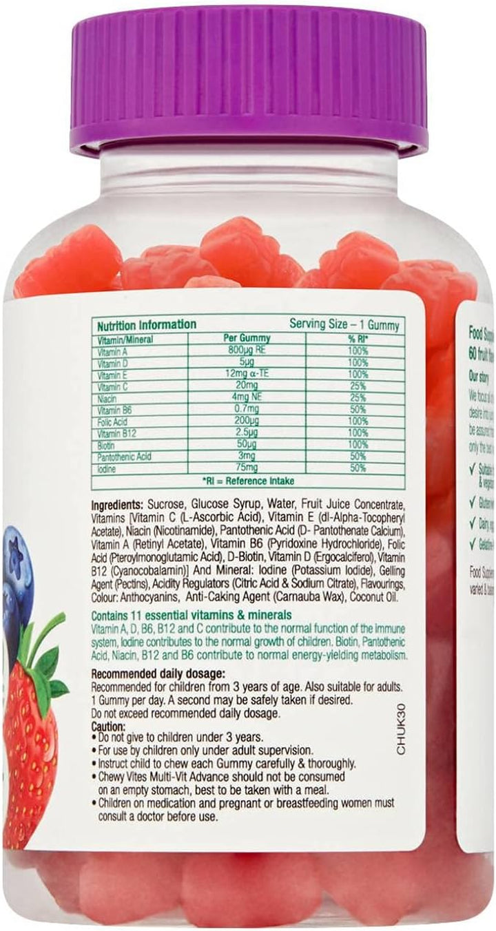 Kids Multivitamin Advance, 60 Kids Vitamins Gummies, 11 Essential Nutrients, 2 Months Supply, Real Fruit Juice, Vegan, Age 3 +, Blueberry and Raspberry Flavour