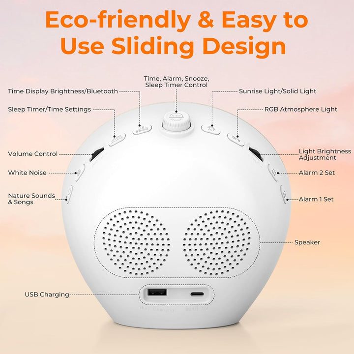 Sunrise Alarm Clocks, Wake up Light with Sunrise Simulation, Dual Alarms, Snooze, White Noise Machine Sleep Aid with 30 Natural Sounds, Bluetooth 5.3, 18 Color Modes, Gift for Heavy Sleeper/Kid