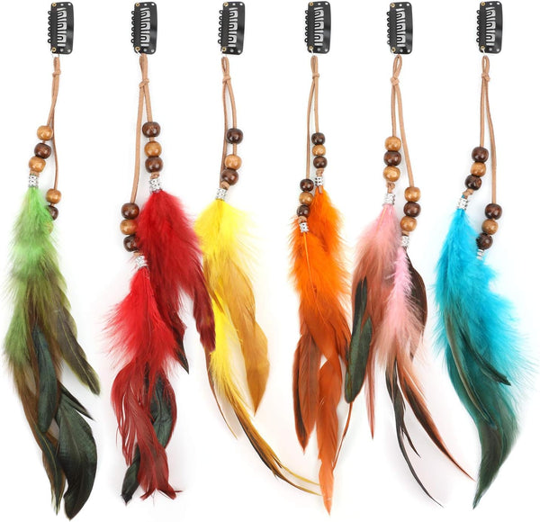 6Pcs Clip in Feather Hair Extension, Feather Extension, Women Halloween Costume Hair Accessories, Bohemian Hippie Hair Clips, Cosplay Native Tribal Feather Braided Beads Headdress