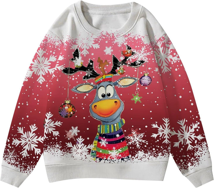 Festive Reindeer Print Girls Long Sleeve Crewneck Sweatshirt for Holiday Cozy Casual Pullover Top Kids