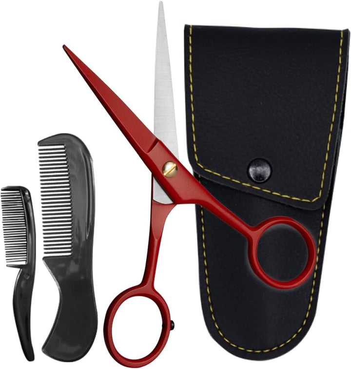 5" Beard Moustache Scissors Professional German Steel 2 Comb Carrying Pouch Mustache Trimming - Hand Forged Bevel Edge Precision Men Facial Hair Grooming Kit All Body Hair Black