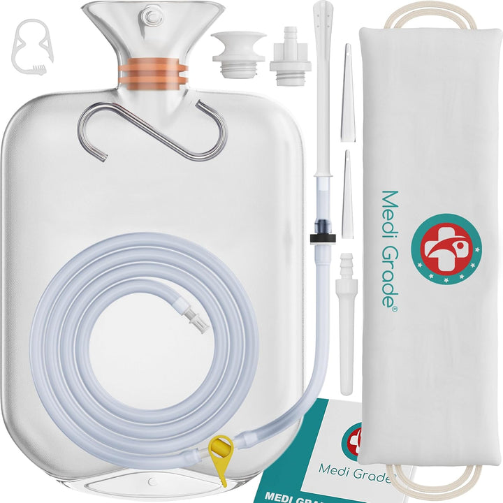 Enema Kit for Adults, 2 Litres - Transparent, Hands-Free Colonic Irrigation Home Kit with One-Way Valve - Perfect for Coffee & Colon Cleanse