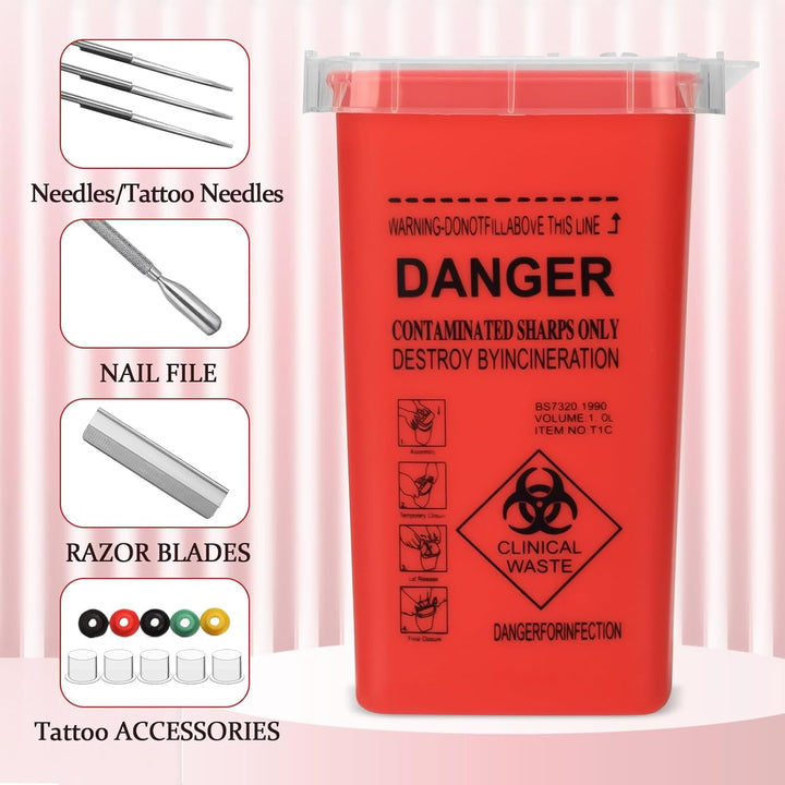 Sharp Container,  1L Tattoo Plastic Sharp Container Tattoo Medical Disposal Biohazard Needle Waste Box Safe Lock Container Tattoo Supplies (1Pc Red)